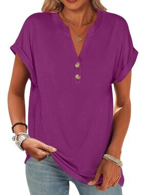 Women's Purple Summer Short Sleeves Henley V Neck Comfortable Trendy Tee Shirts